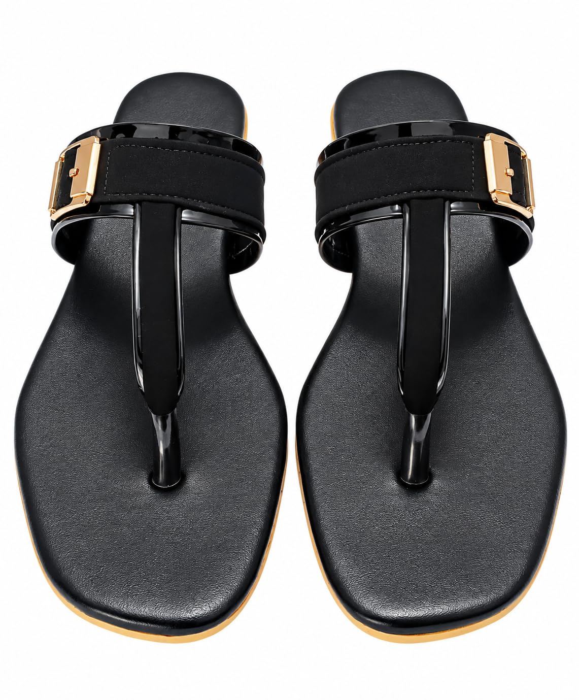 Buy Papjoy Women's Kolhapuri Black Thong Sandals with Gold Buckle